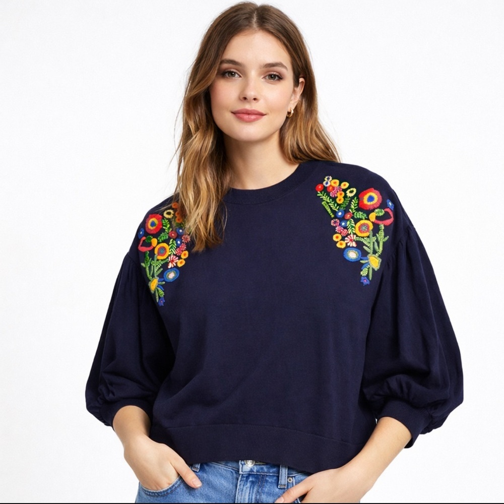Zara Knit Navy Embroidered Floral Sweater Puff Sleeve 100% Cotton Size Small